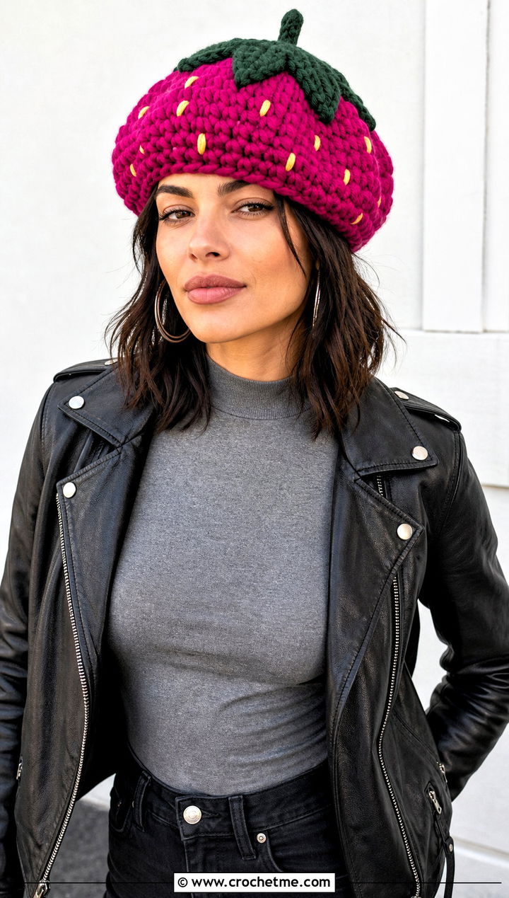 Chunky Strawberry Crochet Beret With Leather Jacket - 25 strawberry crochet beret outfit ideas