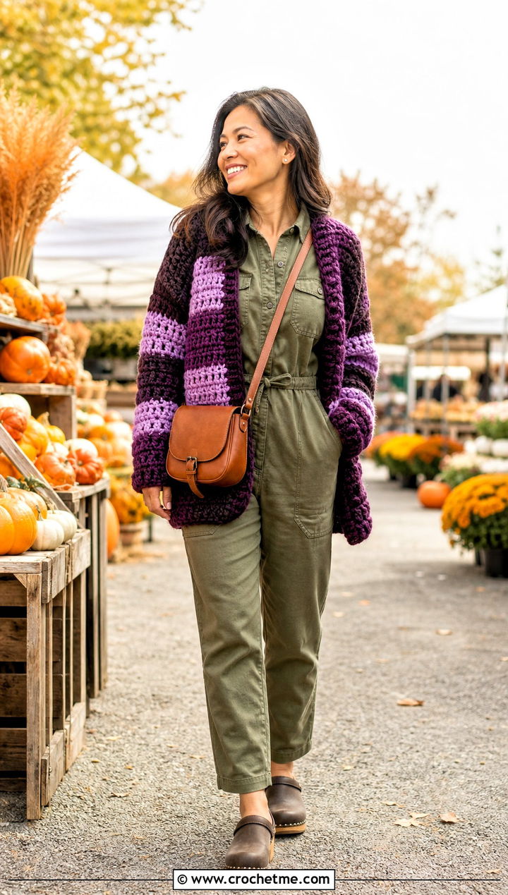 Chunky Stripe Crochet Cardigan With Utility Jumpsuit - 35 crochet striped cardigan outfit ideas