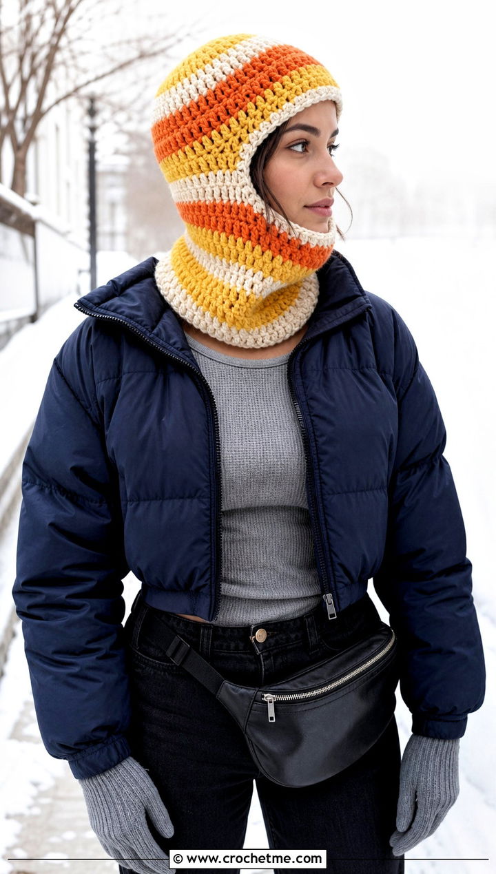 Chunky Striped Crochet Balaclava With Puffer Jacket - 15 Striped Crochet Balaclava outfit ideas