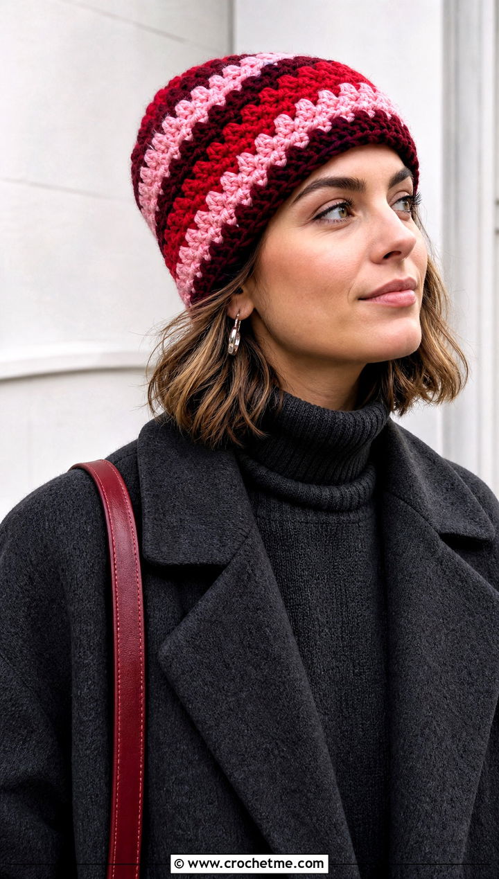 Chunky Striped Crochet Beanie With Monochrome Outfit - 25 Chunky Yarn Crochet Hats outfit ideas