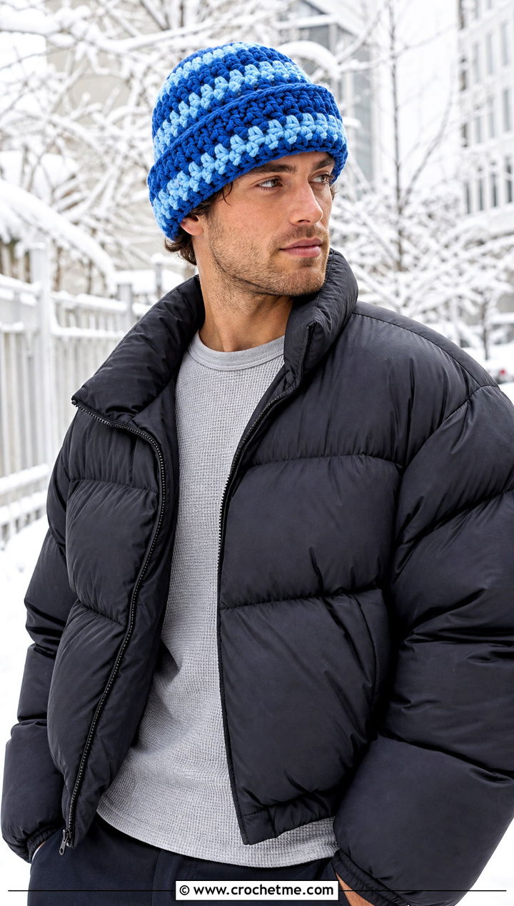 Chunky Striped Crochet Beanie With Puffer Jacket - 15 mens striped crochet beanie outfit ideas