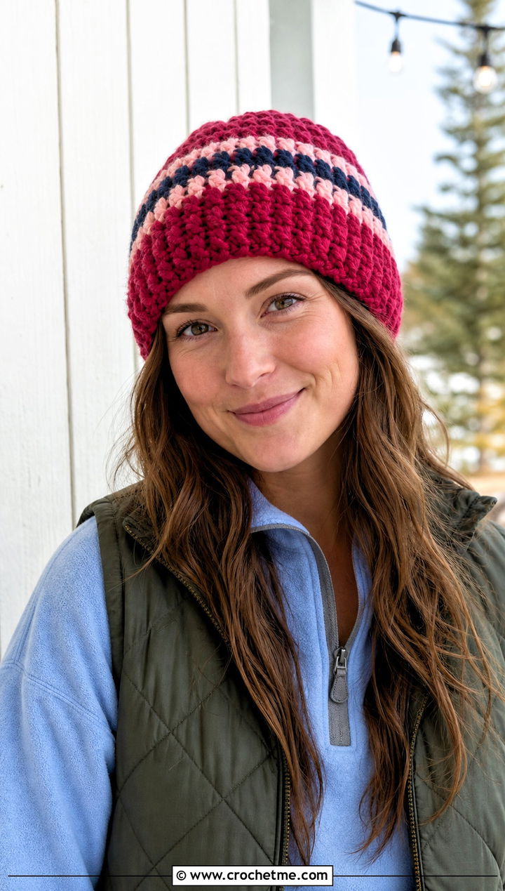 Chunky Striped Crochet Beanie With Quilted Vest - 30 chunky yarn crochet hat outfit ideas