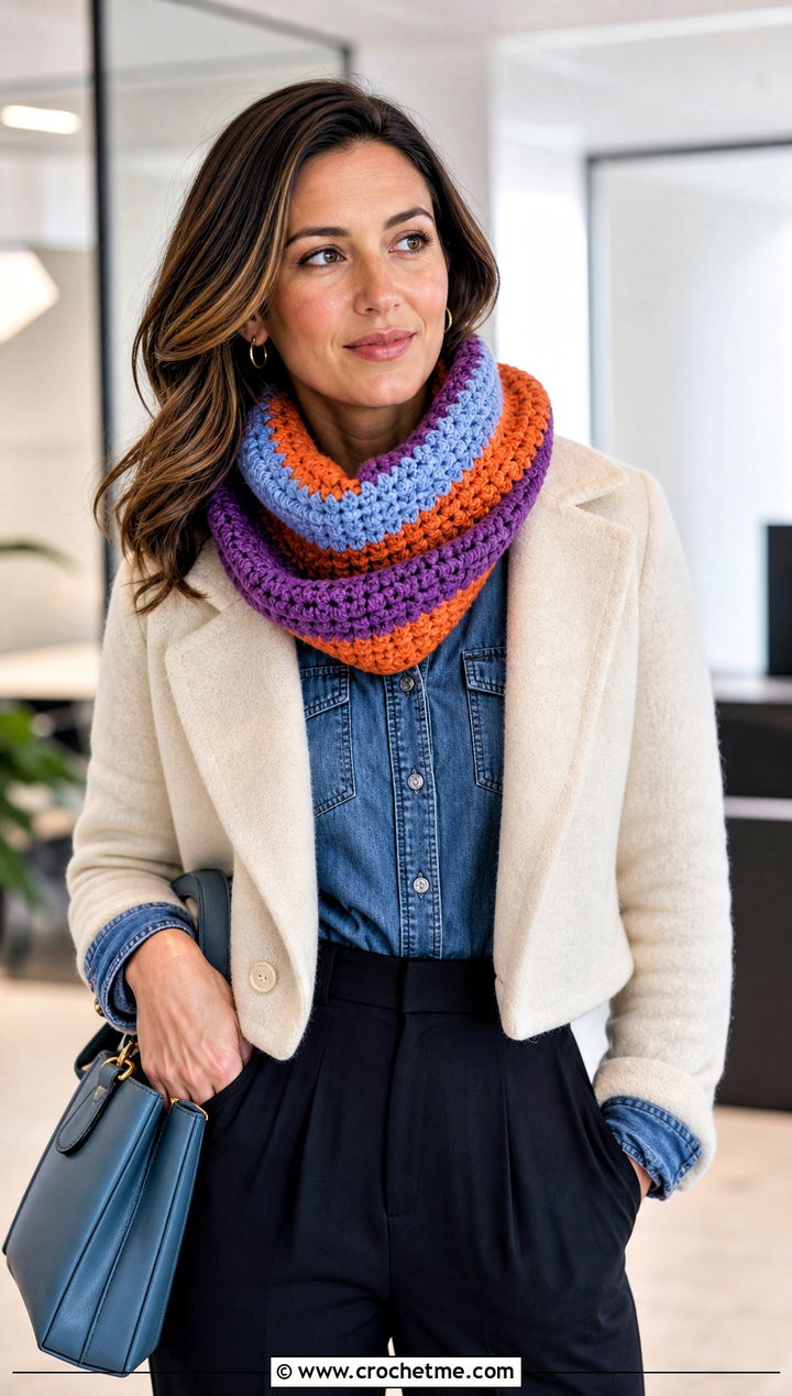Chunky Striped Crochet Cowl With Denim Shirt - 30 chunky crochet cowl outfit ideas