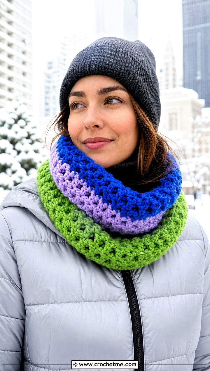 Chunky Striped Crochet Cowl With Puffer Jacket - 15 striped crochet cowl outfit ideas