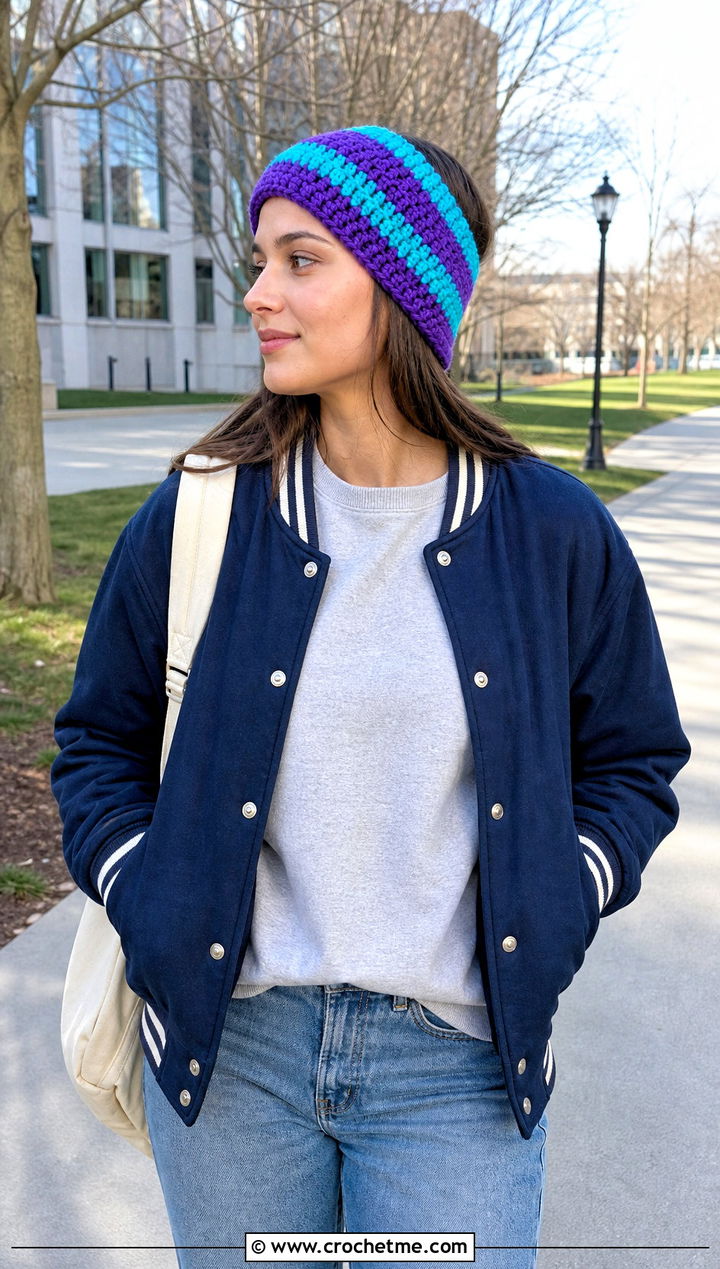Chunky Striped Crochet Ear Warmer With Varsity Jacket - 30 chunky yarn crochet ear warmer outfit ideas