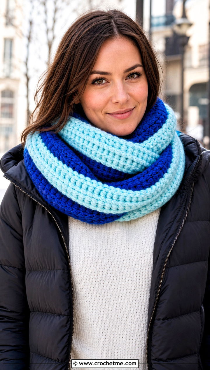 Chunky Striped Crochet Infinity Scarf With Puffer Jacket - 15 Striped Crochet Infinity Scarf outfit ideas