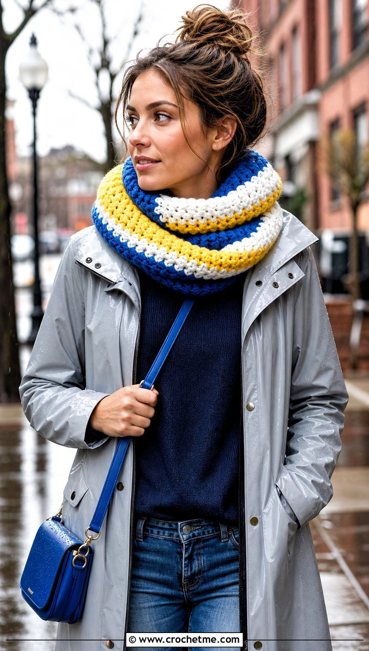 Chunky Striped Crochet Infinity Scarf With Raincoat - 20 Chunky Crochet Infinity Scarf outfit ideas