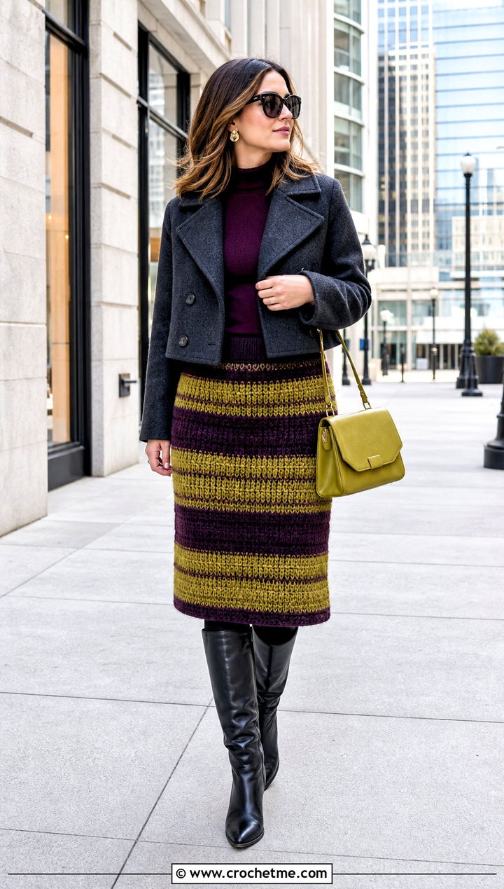 Chunky Striped Crochet Midi Skirt With Boots - 25 striped crochet skirt outfit ideas