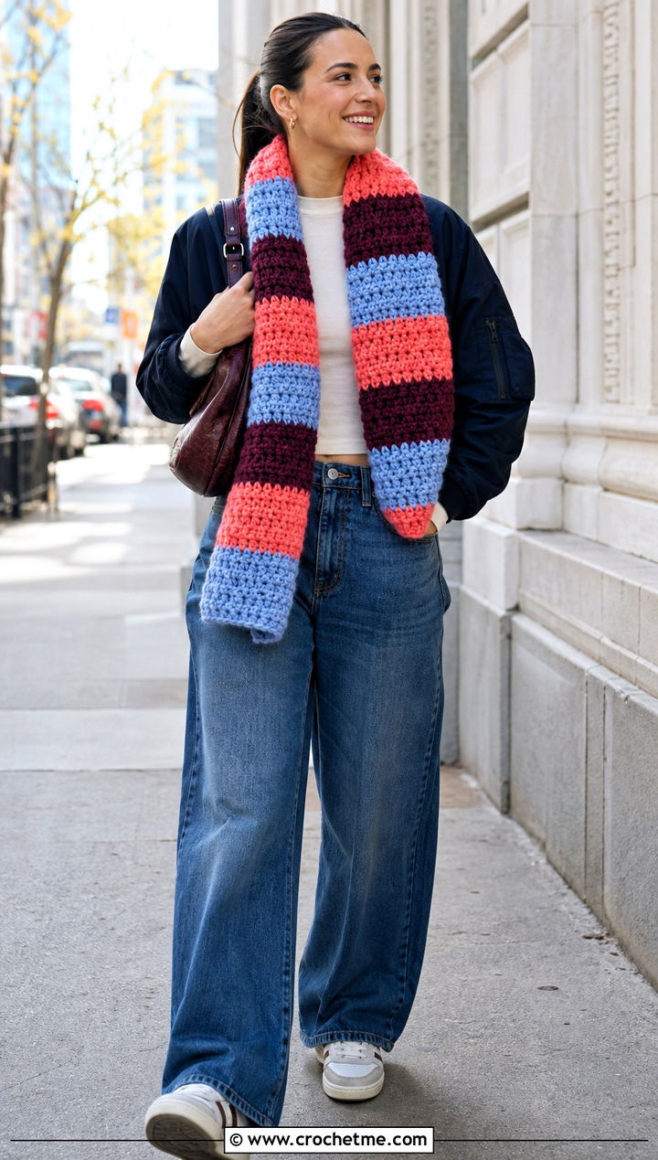 Chunky Striped Crochet Scarf With Bomber Jacket And Wide Leg Jeans - 15 Thick Crochet Scarf outfit ideas