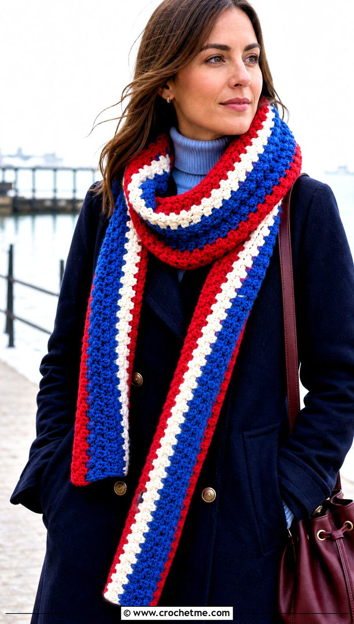 Chunky Striped Crochet Scarf With Peacoat - 25 Chunky Yarn Crochet Scarf outfit ideas