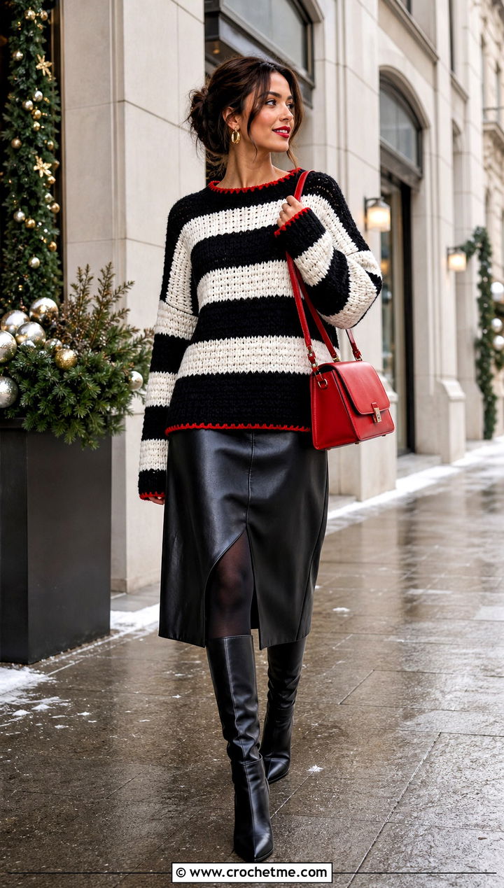 Chunky Striped Crochet Sweater With Faux Leather Skirt - 35 black and white crochet sweater outfit ideas