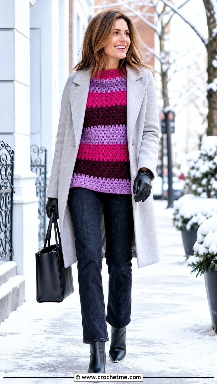 Chunky Striped Crochet Sweater With Wool Coat - 30 striped crochet sweater outfit ideas