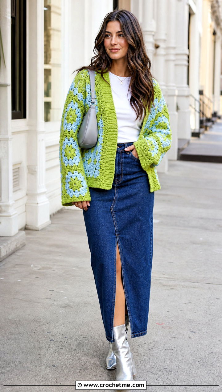 Chunky Striped Hexagon Cardigan With Denim Maxi Skirt - 30 chunky crochet hexagon cardigan outfit ideas