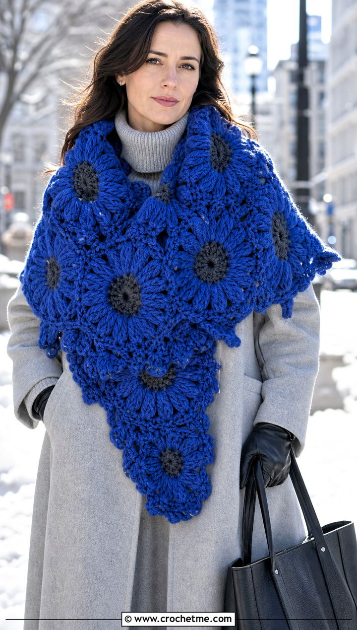 Chunky Sunflower Crochet Shawl With Wool Coat - 20 Sunflower Crochet Shawl outfit ideas