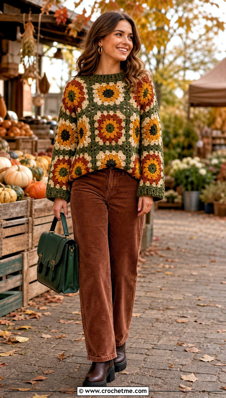 Chunky Sunflower Granny Square Sweater With Corduroy Pants - 30 sunflower granny square sweater outfit ideas