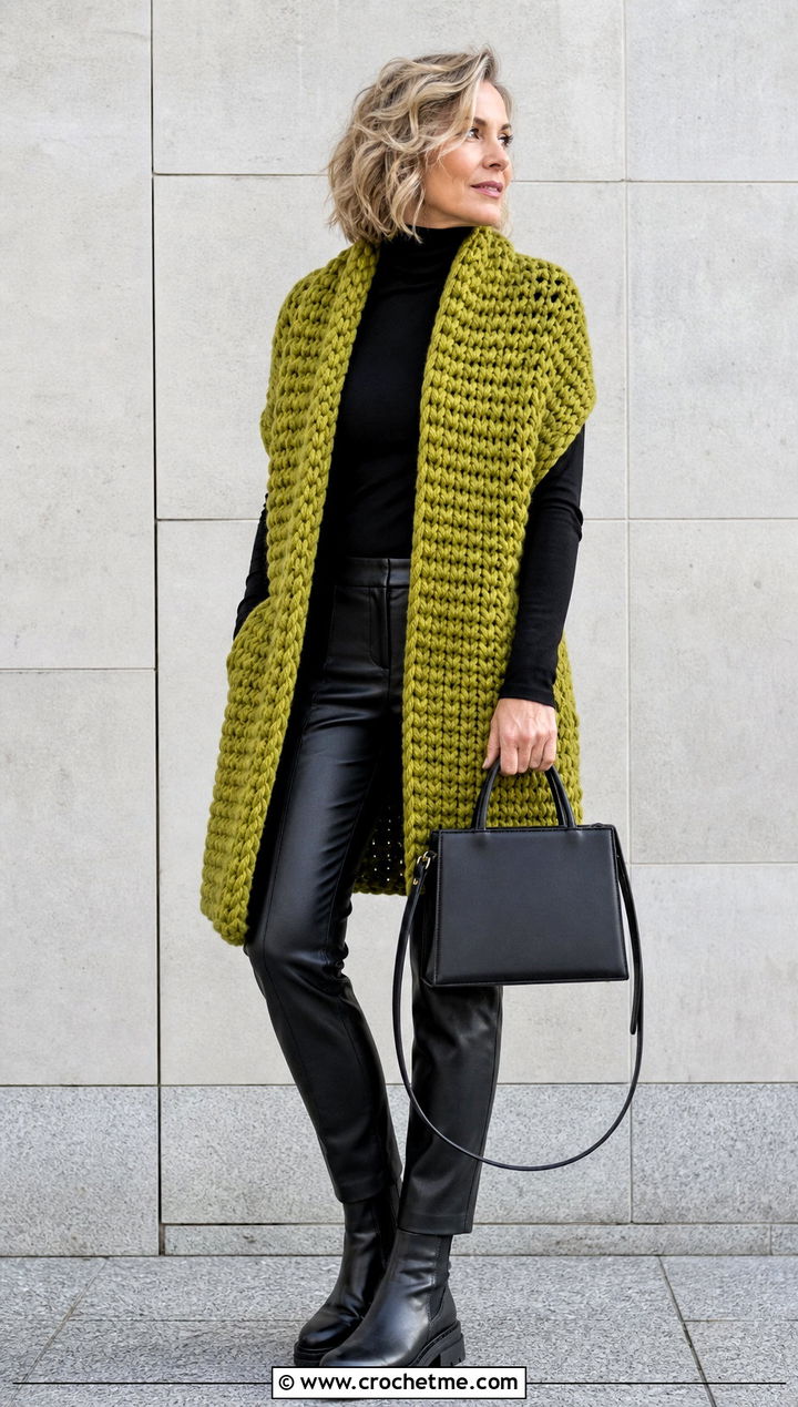Chunky Super Scarf With Leather Pants - 20 crochet scarf with arms outfit ideas