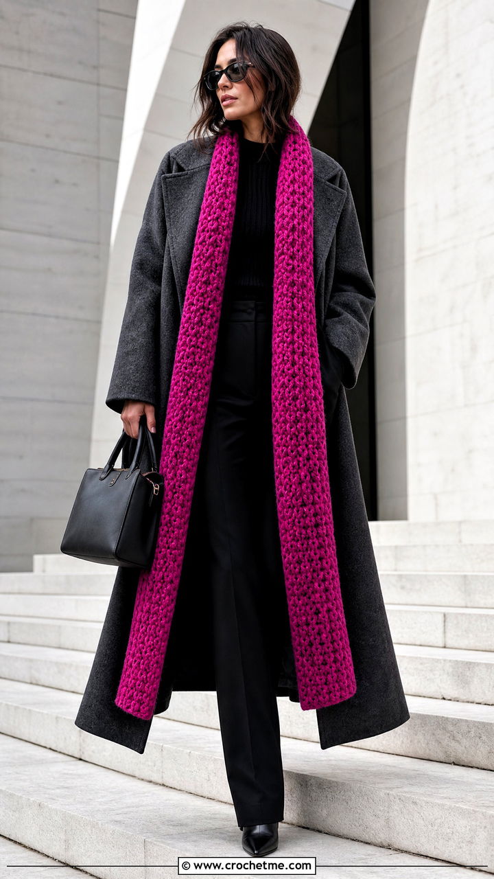 Chunky Super Scarf With Maxi Coat - 35 chunky crochet scarf outfit ideas