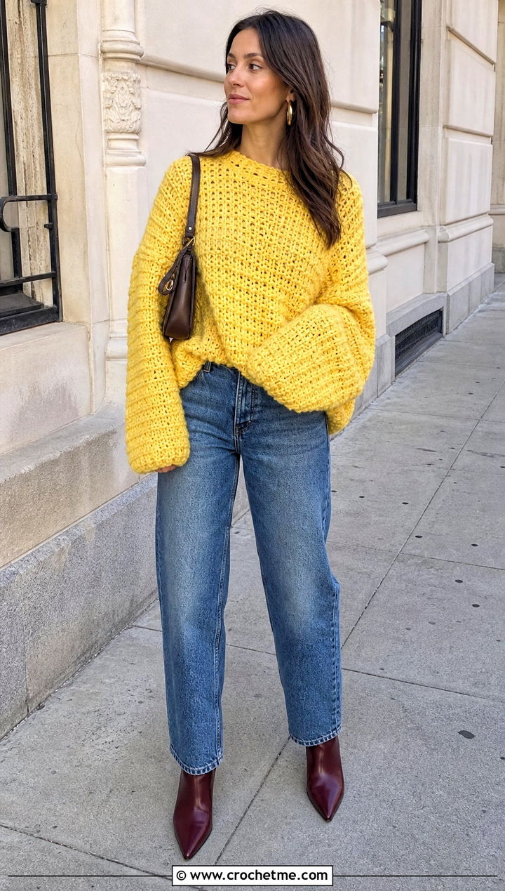 Chunky Super Slouchy Crochet Sweater With Straight Leg Jeans - 15 Super Slouchy Crochet Sweater outfit ideas