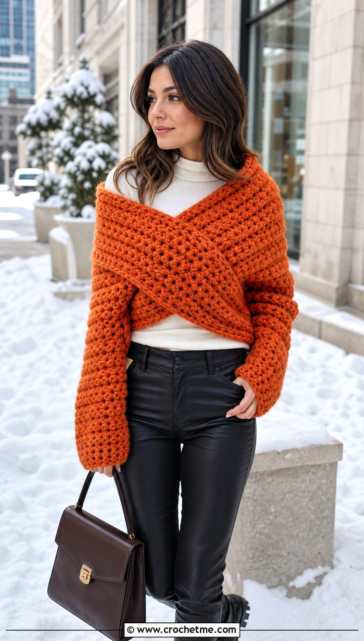 Chunky Sweater Scarf With Leather Pants - 15 Crocheted Sweater Scarf With Sleeves outfit ideas