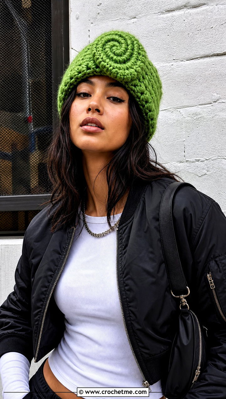Chunky Swirl Beanie With Cargo Pants - 15 crochet swirl beanie outfit ideas