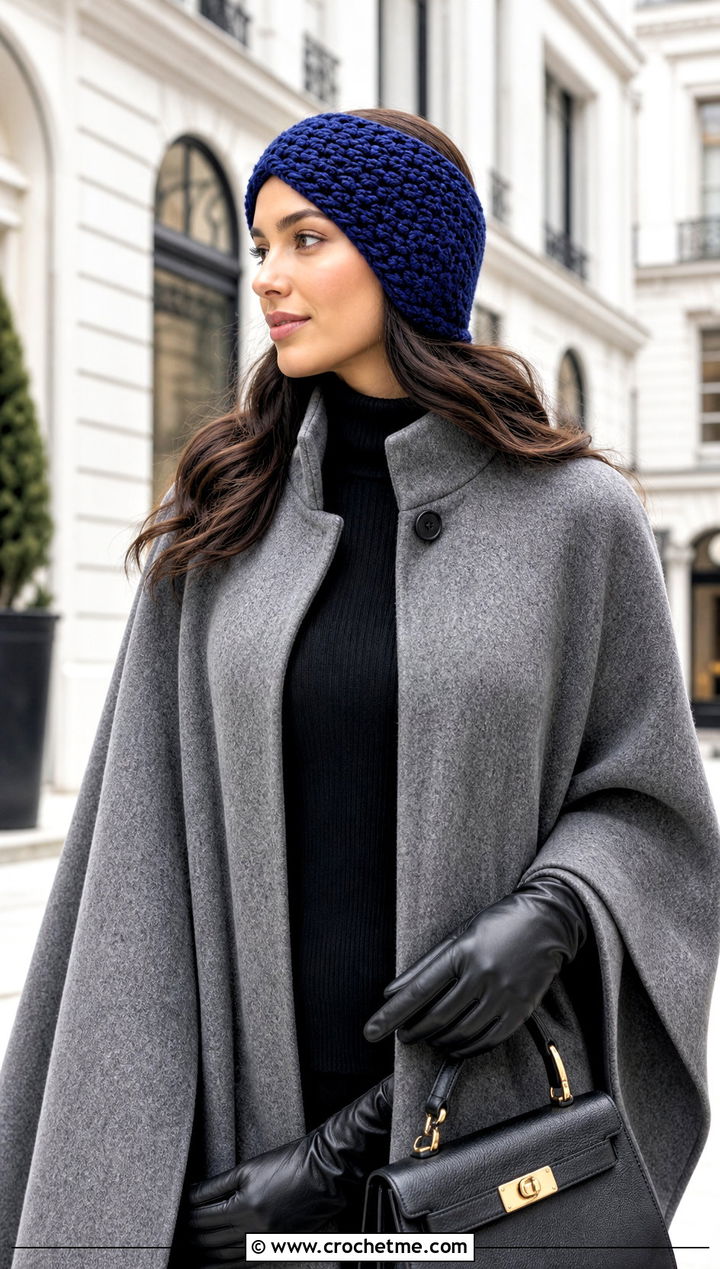 Chunky Tapered Crochet Ear Warmer With Cape Coat - 30 chunky yarn crochet ear warmer outfit ideas