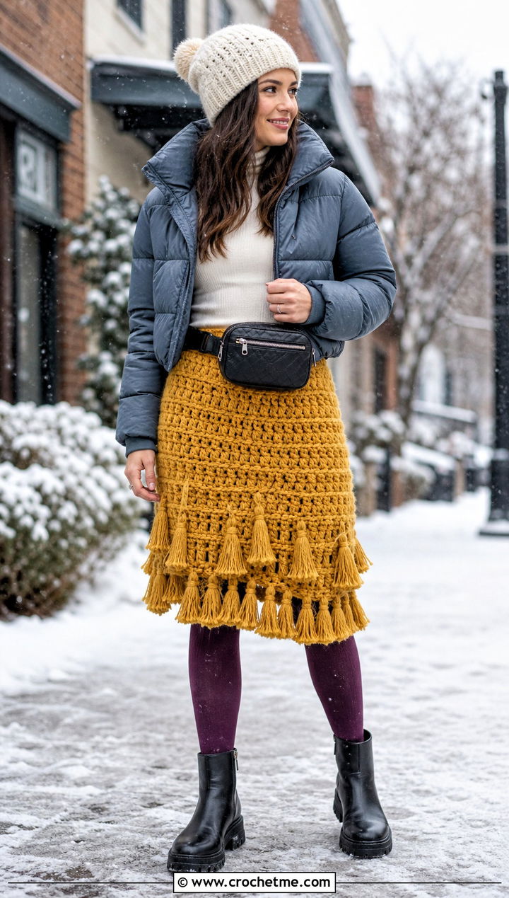 Chunky Tassel Crochet Skirt With Puffer Jacket - 30 crochet skirt with tassels outfit ideas