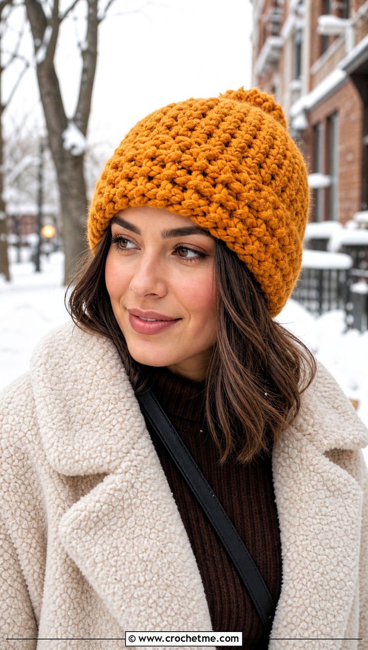 Chunky Textured Bulky Crochet Beanie With Teddy Coat - 30 bulky crochet beanie outfit ideas