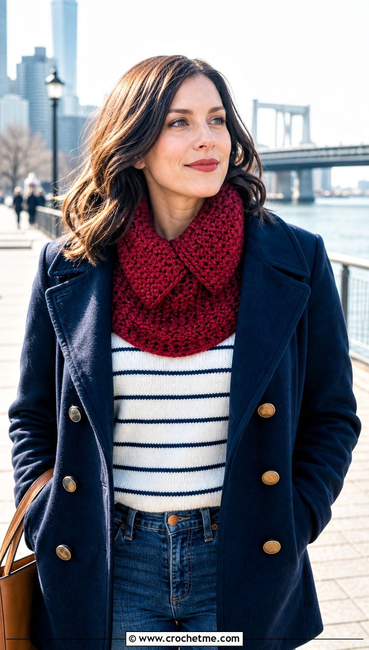 Chunky Textured Collar Crochet Cowl With Peacoat - 30 chunky crochet cowl outfit ideas