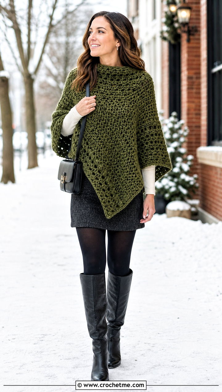 Chunky Textured Crochet Boho Poncho With Wool Mini Skirt - 30 crochet boho poncho outfit ideas