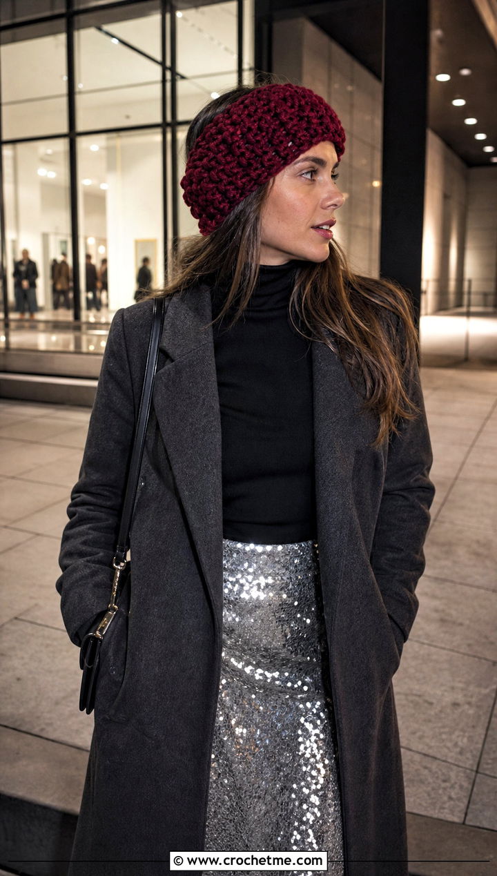 Chunky Textured Crochet Ear Warmer With Sequin Skirt - 30 chunky yarn crochet ear warmer outfit ideas