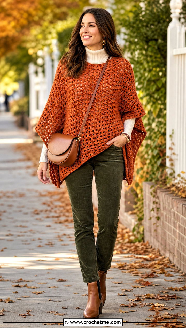Chunky Textured Crochet Poncho Top With Corduroy Pants - 25 Crochet Poncho Top outfit ideas