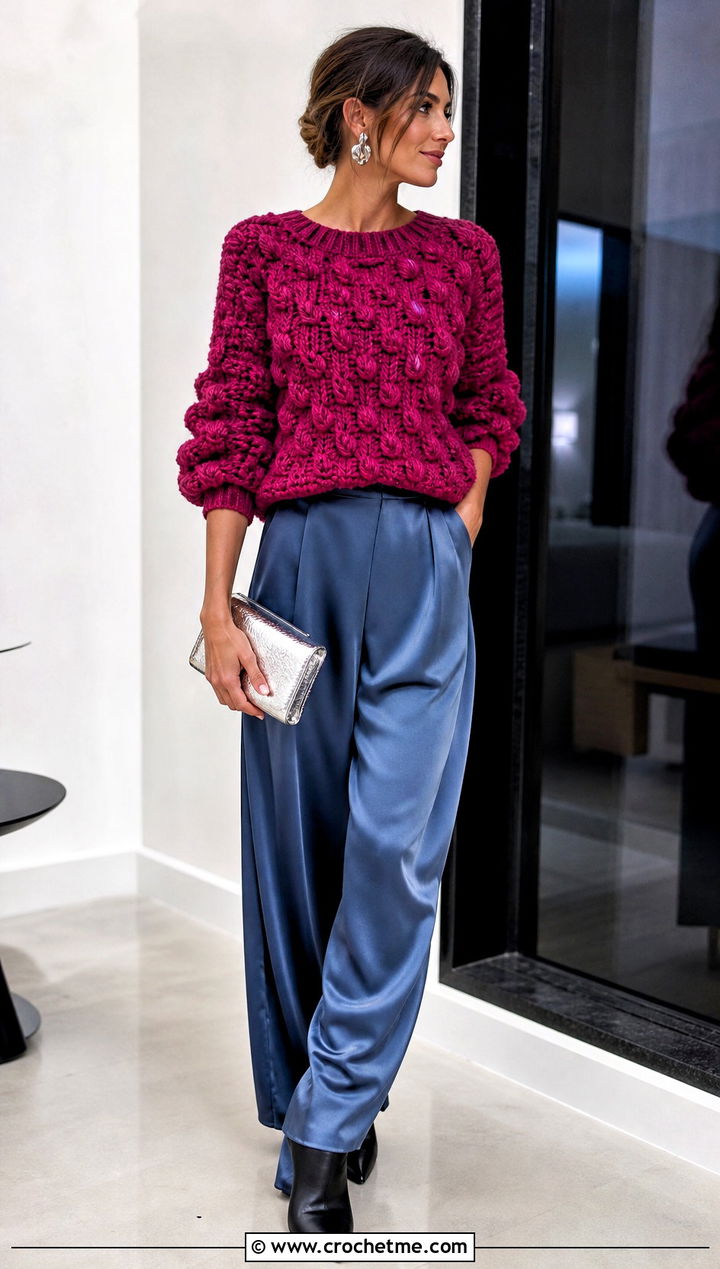 Chunky Textured Crochet Pullover With Satin Pants - 25 women crochet pullover outfit ideas