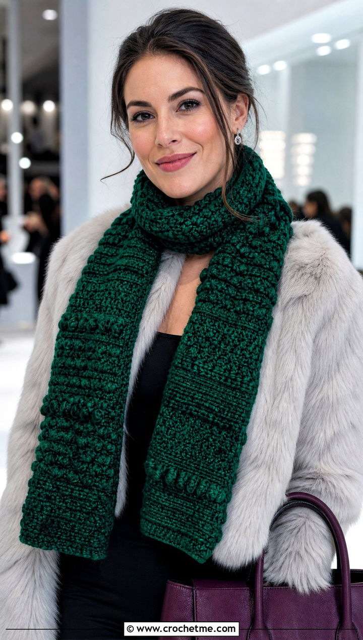 Chunky Textured Crochet Scarf With Faux Fur Jacket - 25 Chunky Yarn Crochet Scarf outfit ideas