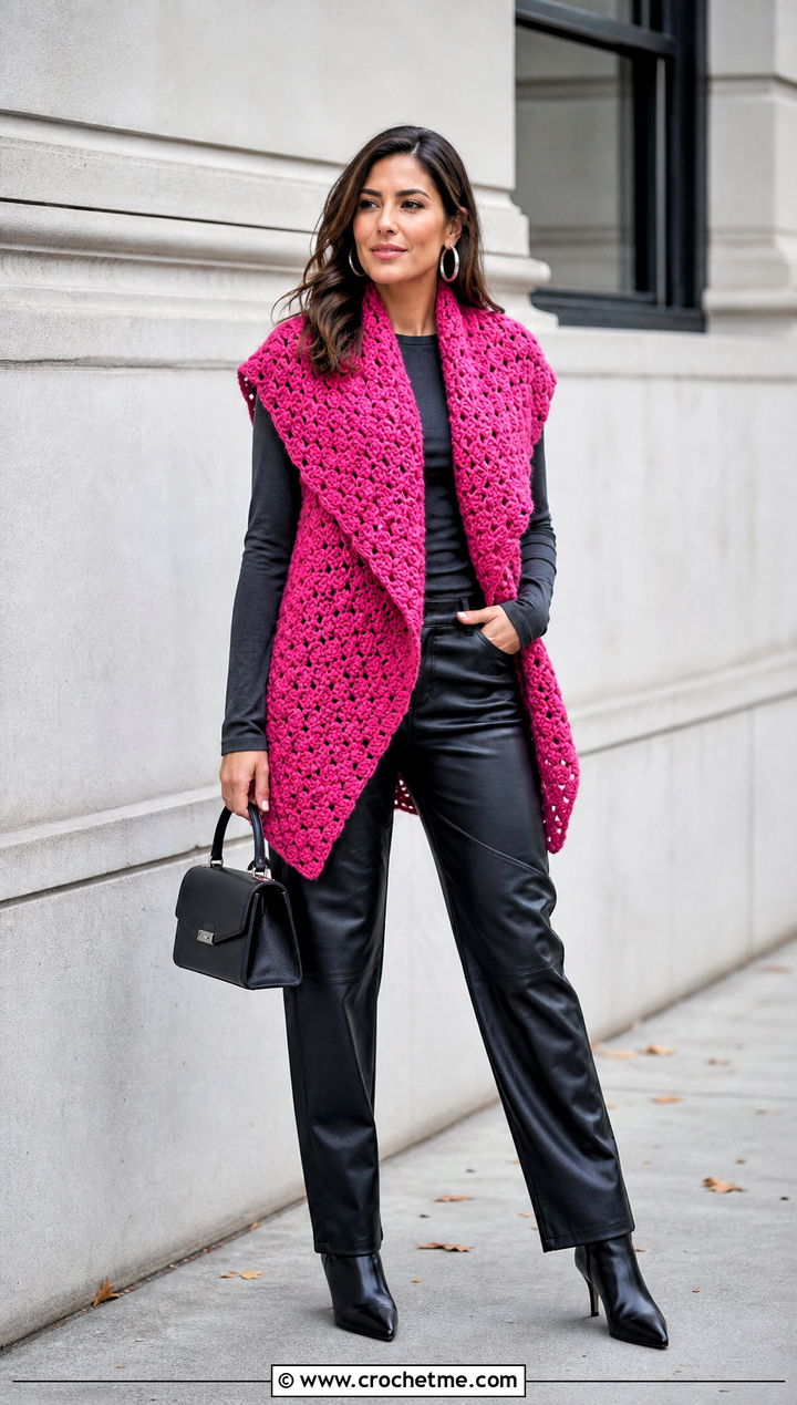 Chunky Textured Crochet Shawl Vest With Leather Pants - 25 crochet shawl vest outfit ideas