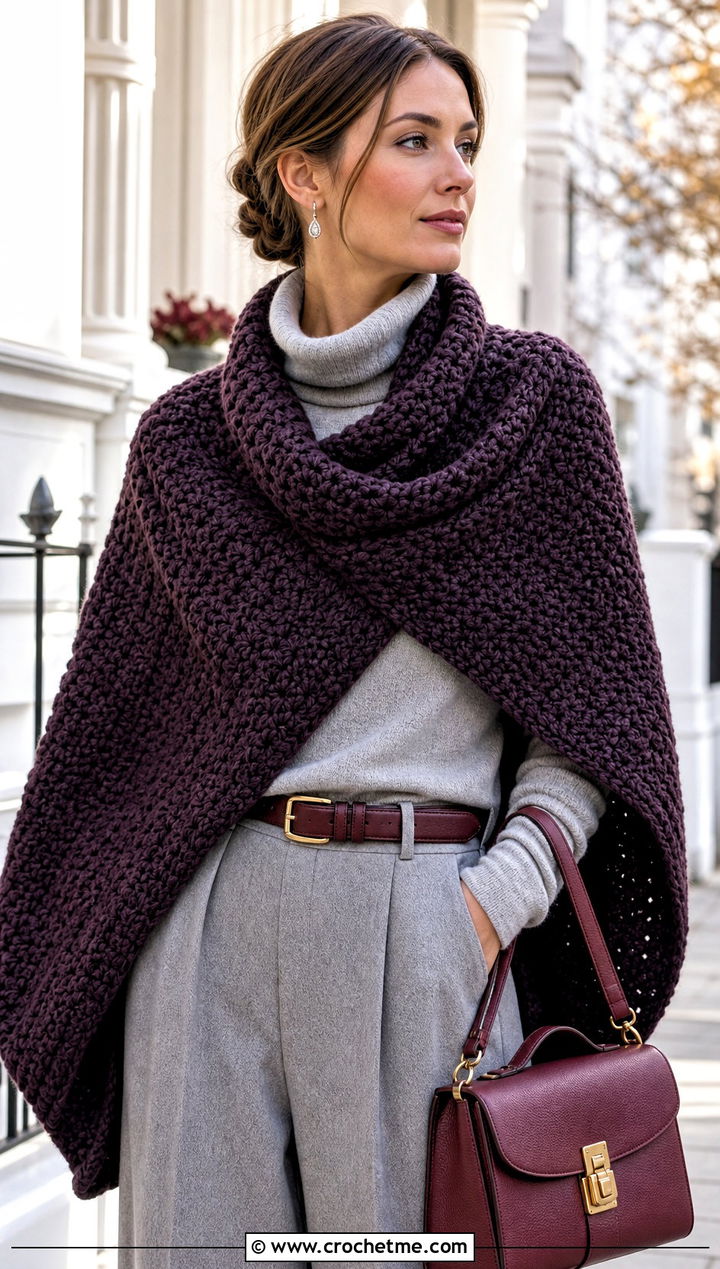 Chunky Textured Crochet Shawl With Wide Leg Pants - 15 Never Ending Crochet Shawl outfit ideas