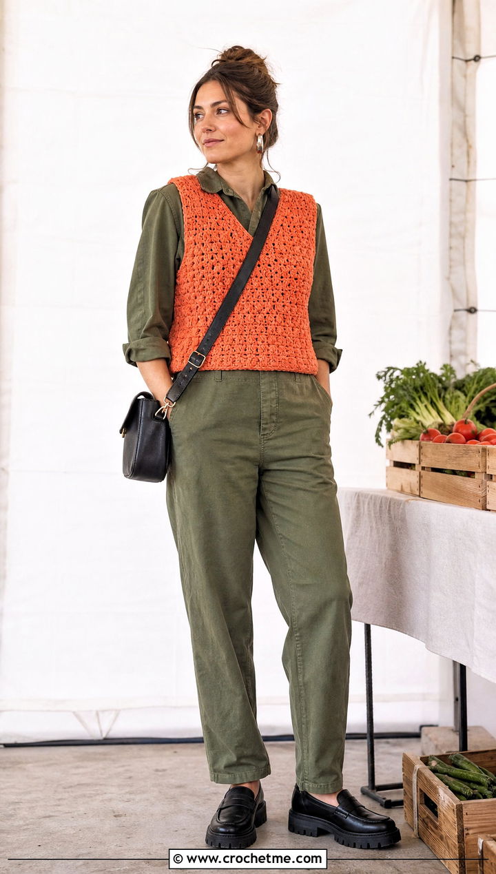 Chunky Textured Crochet Slipover Vest With Utility Jumpsuit - 15 crochet slip over vest outfit ideas