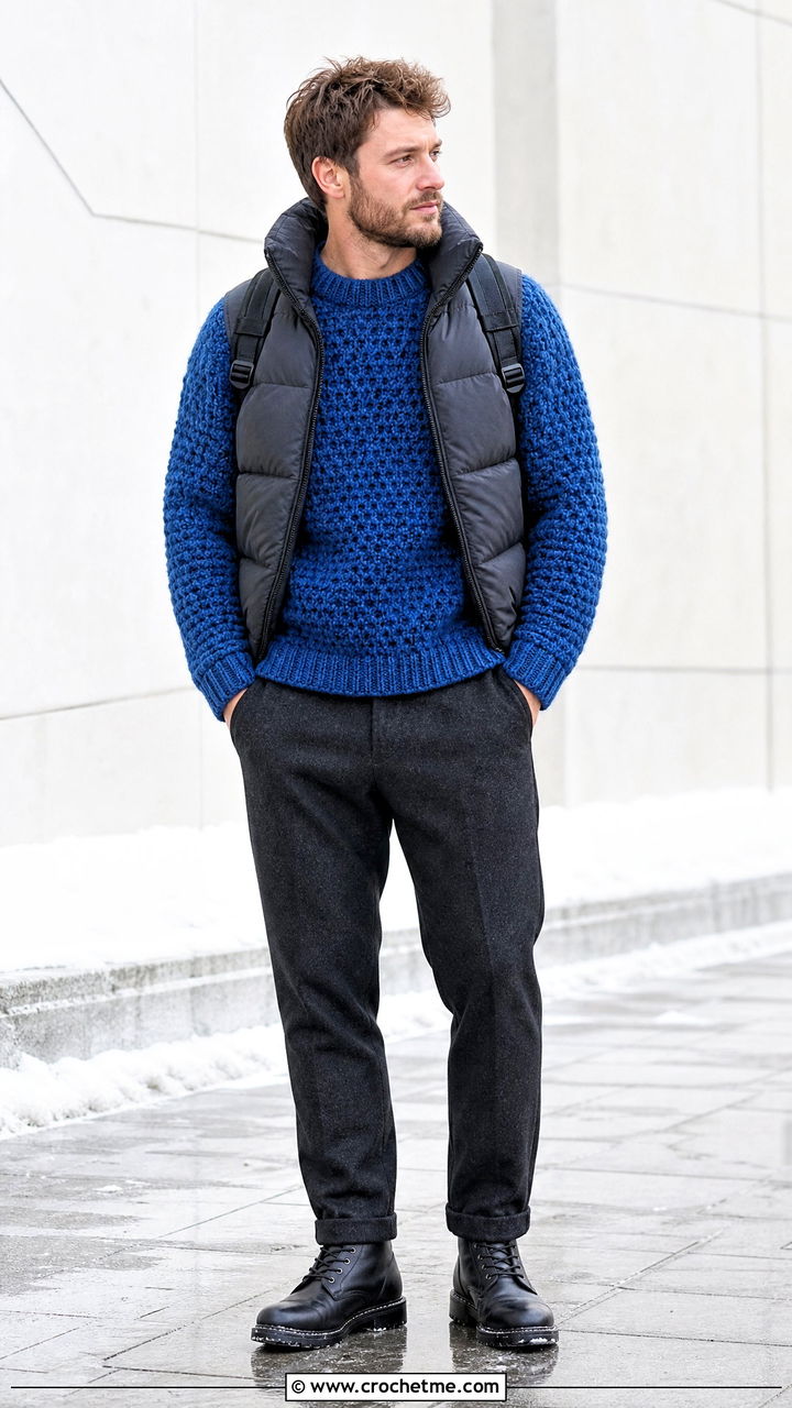 Chunky Textured Crochet Sweater With Puffer Vest - 35 men crochet sweater outfit ideas