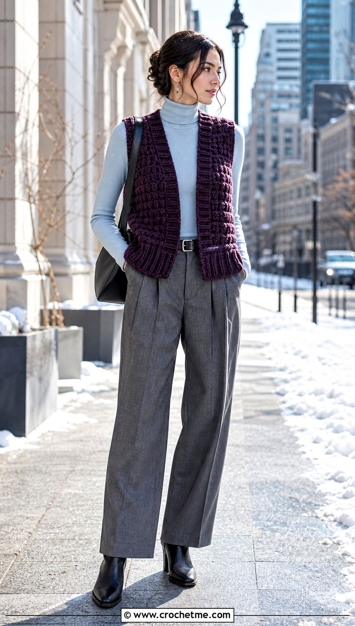 Chunky Textured Crochet Vest With Turtleneck - 35 diy crochet vest outfit ideas