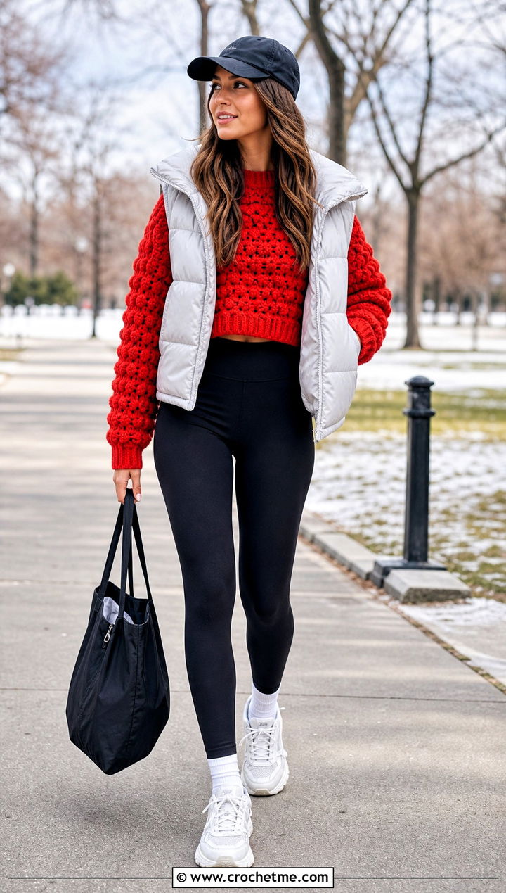 Chunky Textured Cropped Crochet Pullover With Leggings - 15 Cropped Crochet Pullover outfit ideas