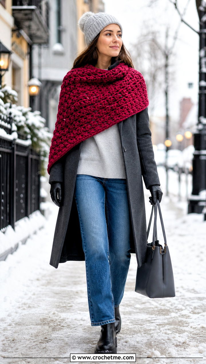 Chunky Textured Sideways Crochet Shawl With Wool Coat - 25 Sideways Crochet Shawl outfit ideas