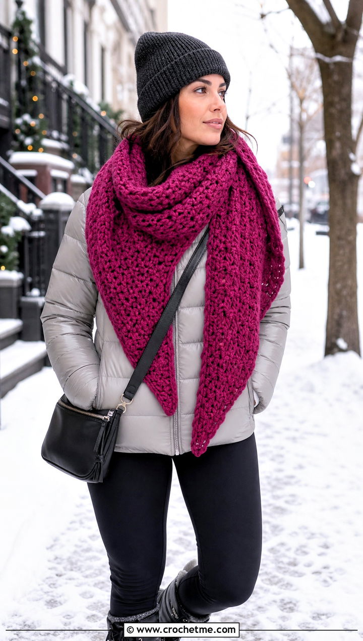 Chunky Textured Triangle Crochet Scarf With Puffer And Leggings - 15 One Skein Triangle Crochet Scarf outfit ideas