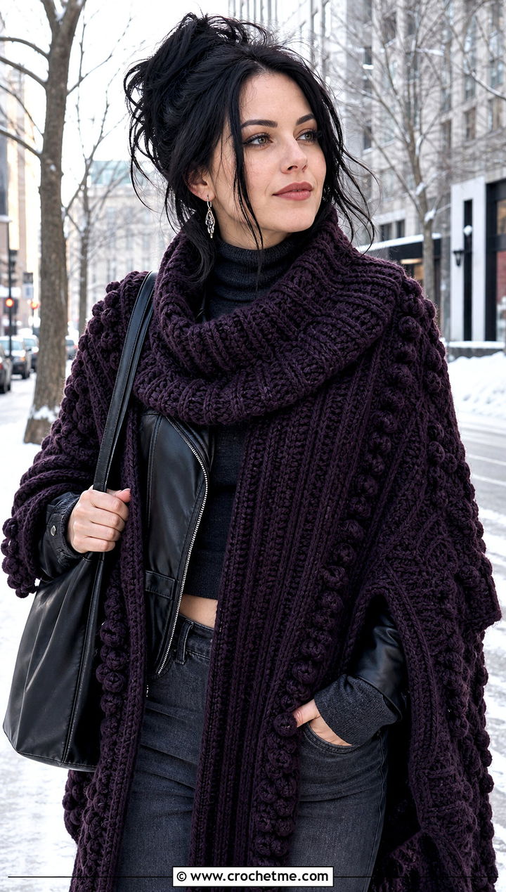 Chunky Textured Witch Crochet Wrap With Leather Jacket - 15 Witch Crochet Shawl outfit ideas