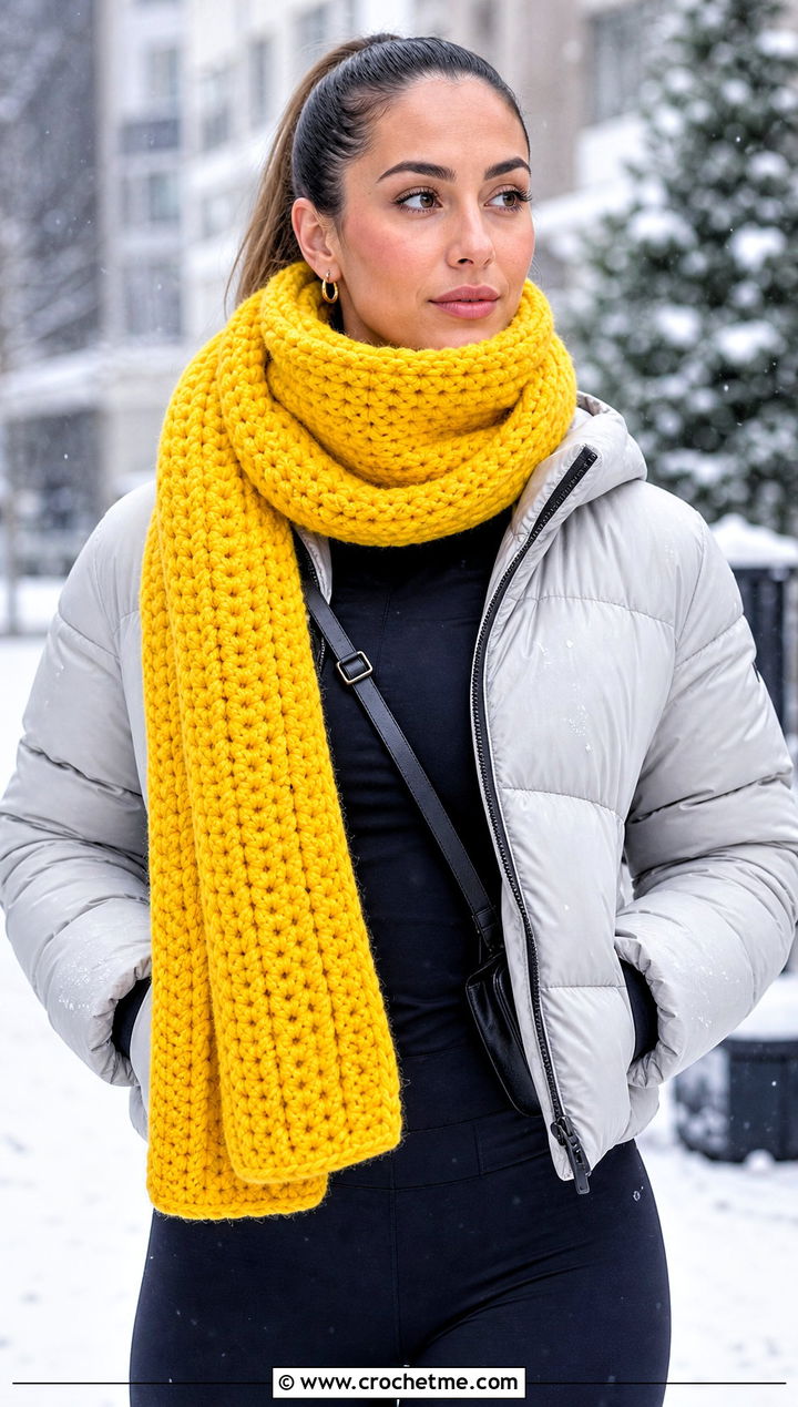 Chunky Thermal Stitch Crochet Scarf With Puffer Jacket - 20 Thermal Stitch Crochet Scarf outfit ideas