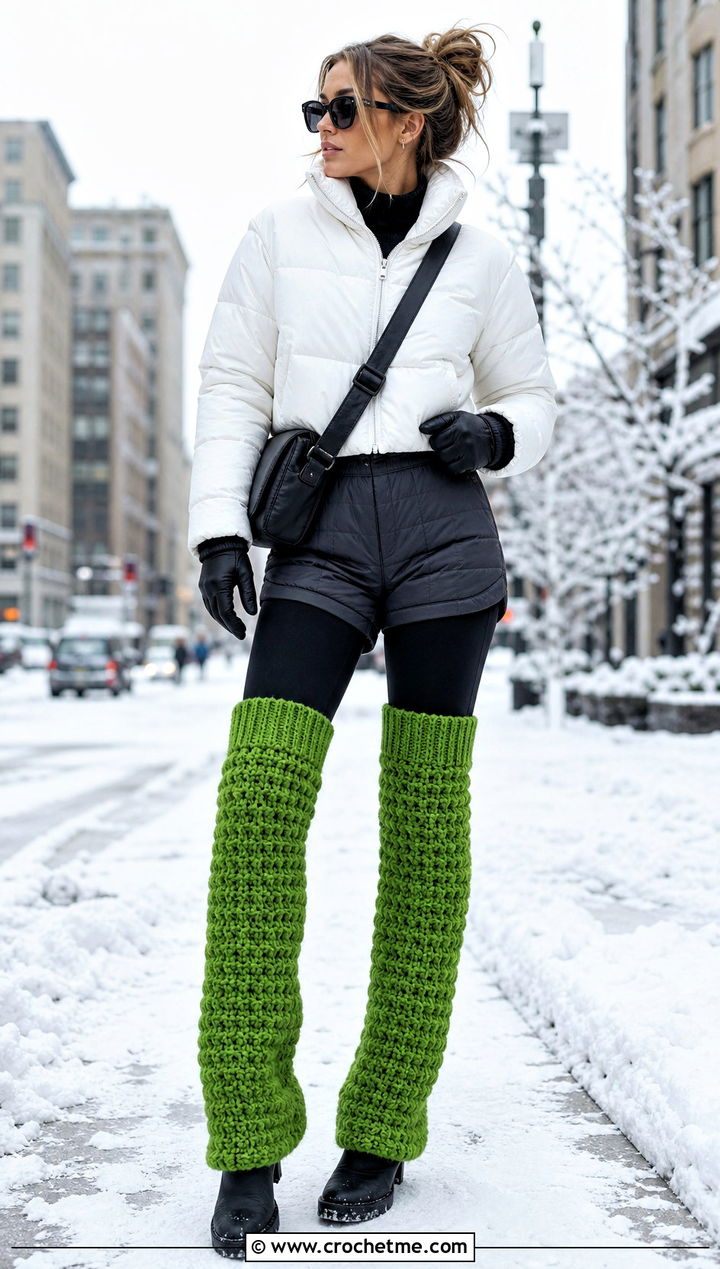 Chunky Thigh High Crochet Leg Warmers With Puffer Jacket - 25 Thigh High Crochet Leg Warmers outfit ideas