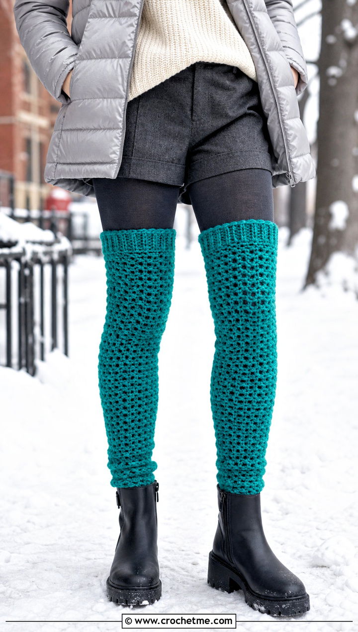 Chunky Thigh High Crochet Socks With Quilted Coat - 35 thigh high crochet socks outfit ideas