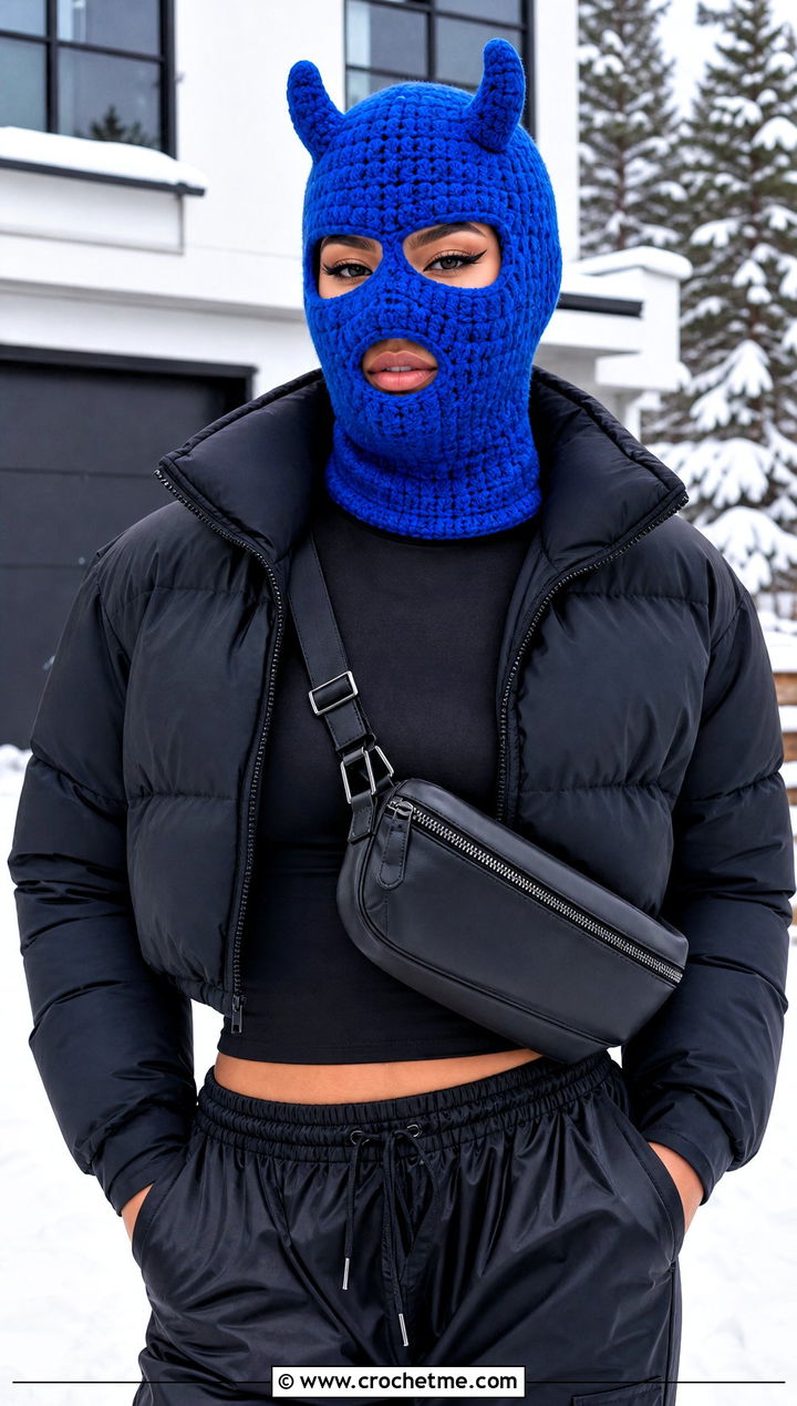 Chunky Three Hole Crochet Devil Horn Balaclava With Puffer Jacket - 20 crochet devil horn balaclava outfit ideas