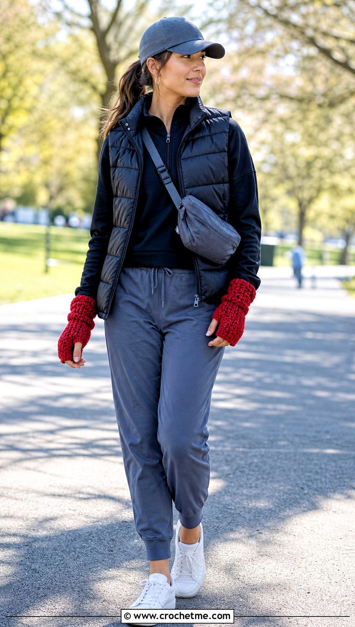 Chunky Thumb Hole Gloves With Athleisure Outfit - 25 Chunky Crochet Gloves outfit ideas