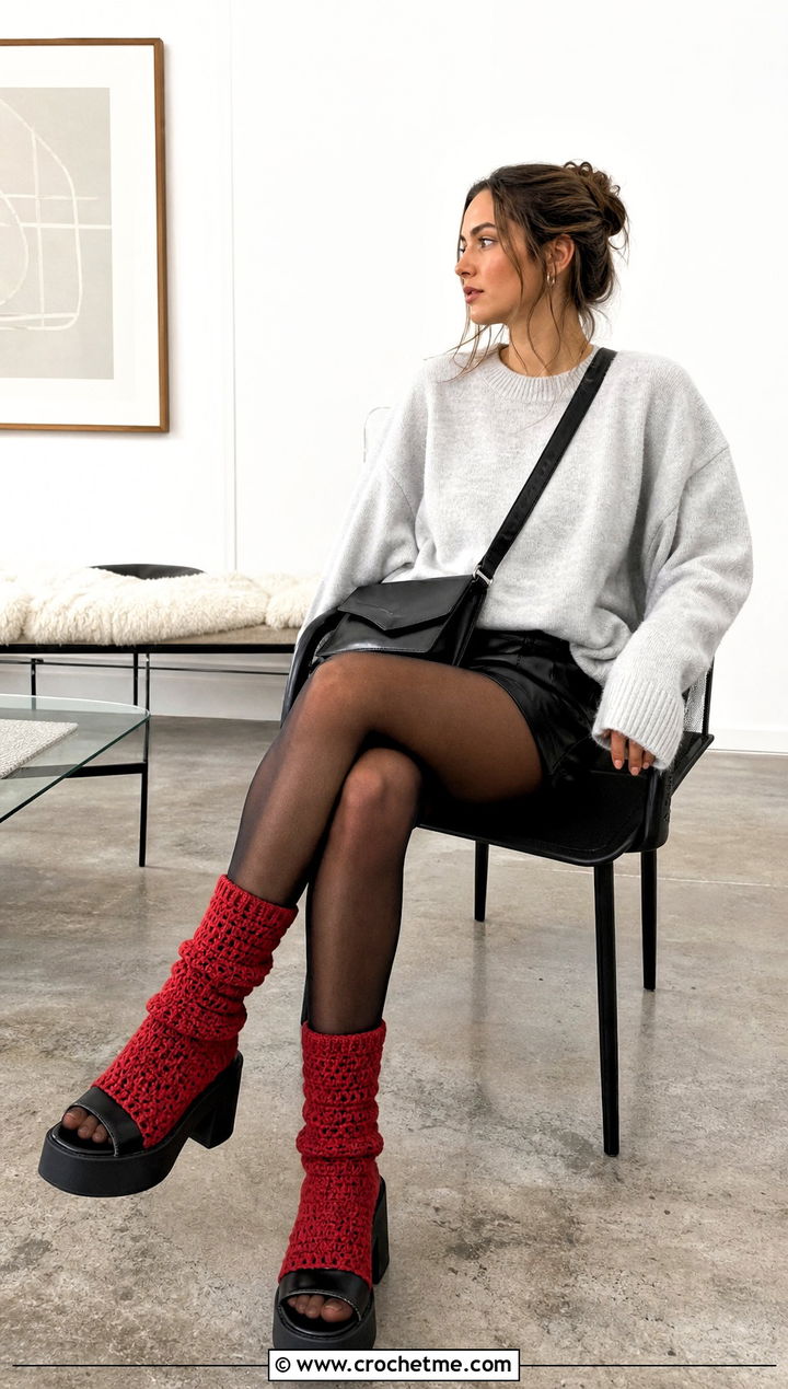 Chunky Toeless Crochet Socks With Leather Shorts - 20 Toeless Crochet Socks outfit ideas