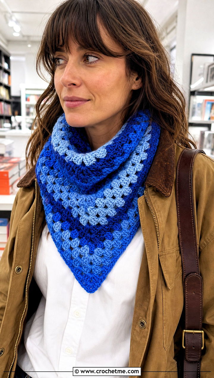 Chunky Triangle Crochet Scarf With Button Down Shirt And Jeans - 25 Chunky Yarn Crochet Scarf outfit ideas