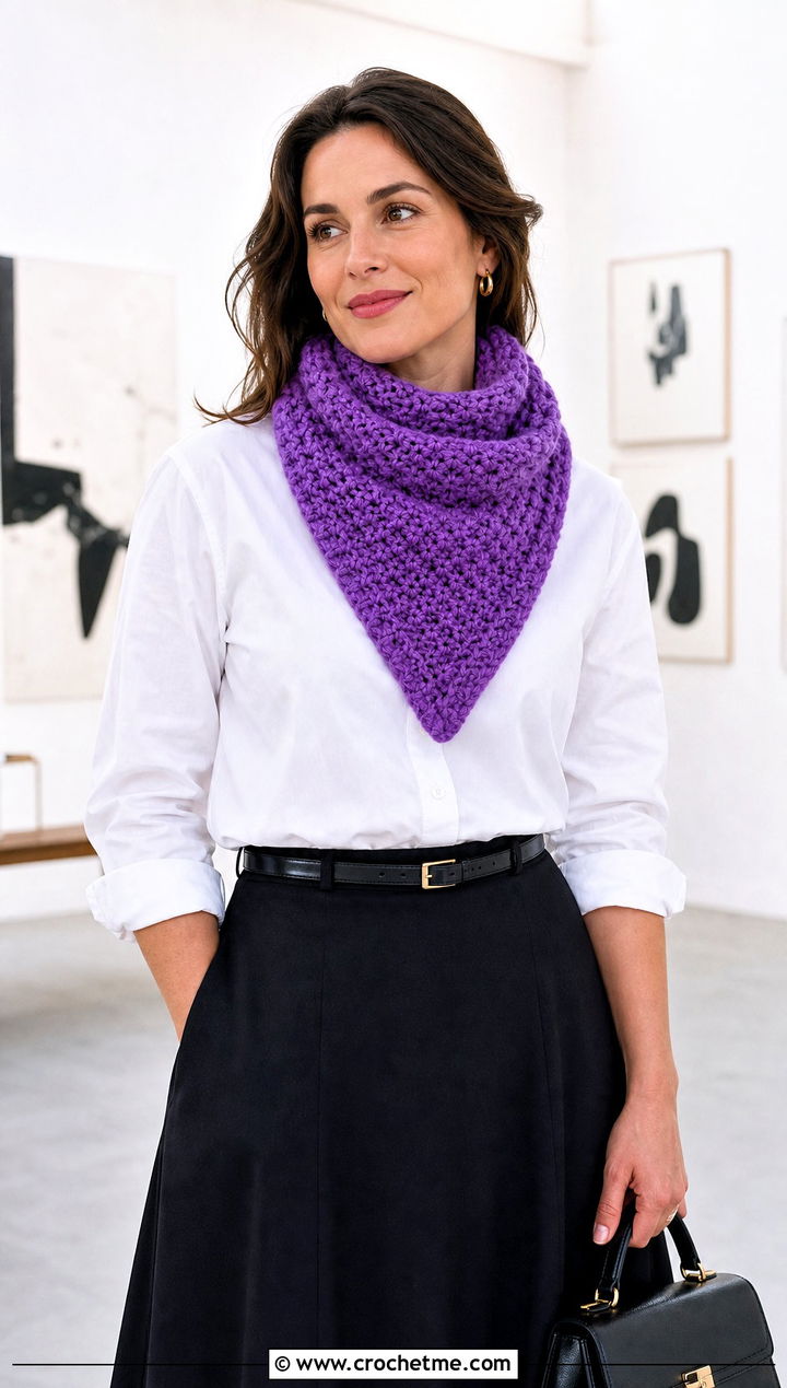 Chunky Triangle Crochet Scarf With White Shirt - 30 bulky crochet scarf outfit ideas